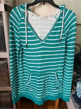 Roxy Teal & White Striped V-Neck Hoodie Sweatshirt